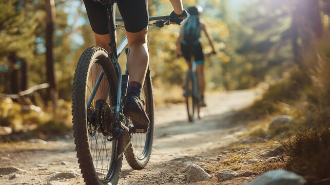 Close-up of a mountain biker riding on a dirt road in the mountains