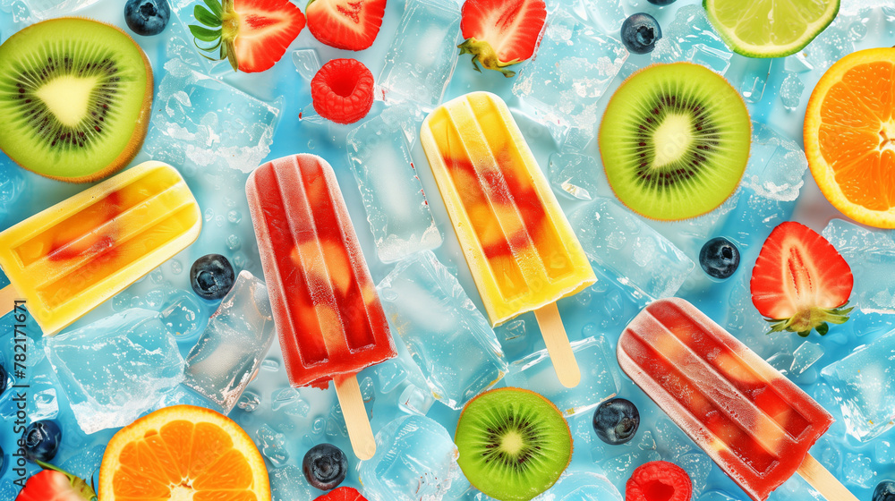 Canvas Prints Colorful fruit popsicles and fresh fruits on a bed of ice cubes