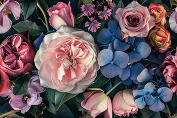 Beautiful Bouquet of Pink, Blue and Red Flowers on Black Background, Floral Arrangement for Special Occasions