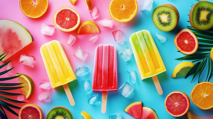 Colorful fruit popsicles with fresh slices and ice on a vibrant pink and blue background.