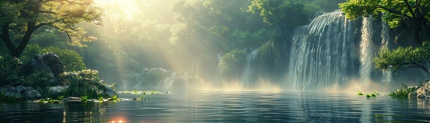Background falls, cascading water in a tranquil nature scene