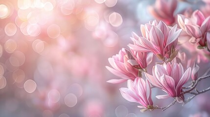 Fototapeta premium vibrant spring magnolia tree blooming with pink petals on pastel bokeh background and copy space