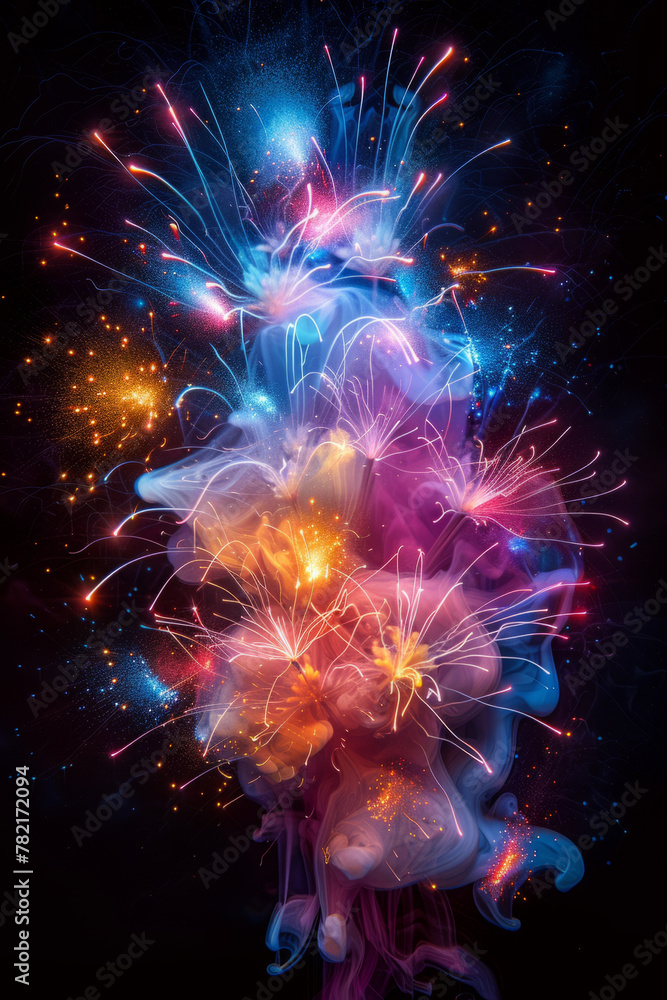 Poster dynamic firework display against dark sky symbolizing joy and festivities.