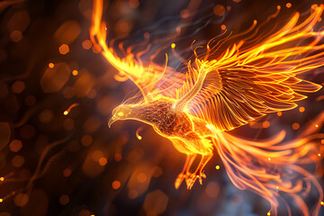 Experience the majesty of a glowing, translucent background as a wireframe phoenix takes flight