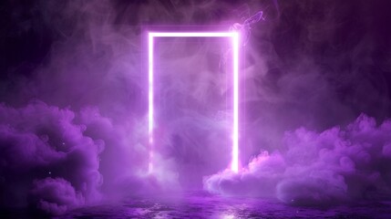 A neon rectangle frame with smoke on water surface. A glowing rectangle with magic light among soft clouds. A purple portal with vivid sparkles and flares. Realistic abstract 3D modern background.