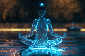 Experience tranquility with a glowing, translucent background as a girl practices yoga in wireframe visualization