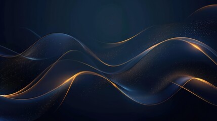 Abstract luxury glowing lines curved overlapping on dark blue background. Template premium award design,3d rendering of abstract wavy metallic background with golden lines. Futuristic technology style