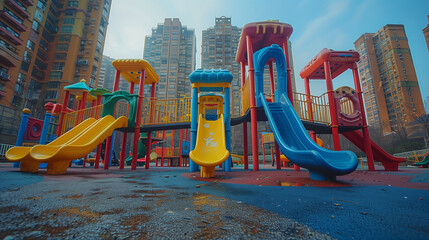 "Cityscape Children's Playground"
Low-angle view of a colorful playground with red, yellow, and blue equipment against a backdrop of high-rise buildings.