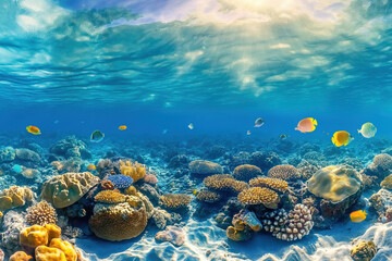 Fototapeta premium Underwater wildlife colorful marine panorama with tropical fish life on shallow coral reef AI Generative
