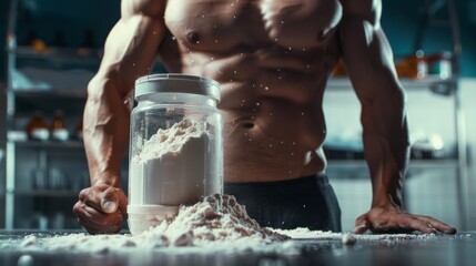 Muscular man next to a clear jar of protein powder with particles sprinkled on the table - obrazy, fototapety, plakaty