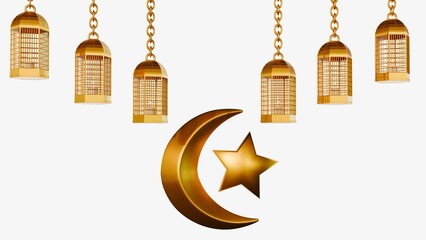 3d rendering of golden lantern, crescent moon and star isolated on the white background