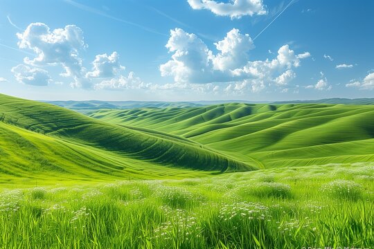 Rolling hills blanketed in a sea of vibrant green.