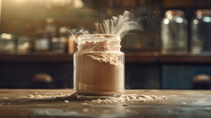 Overflowing glass jar of protein on a rustic wooden table in a dimly lit room