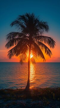 Silhouette of palm tree against a fading tropical sunset