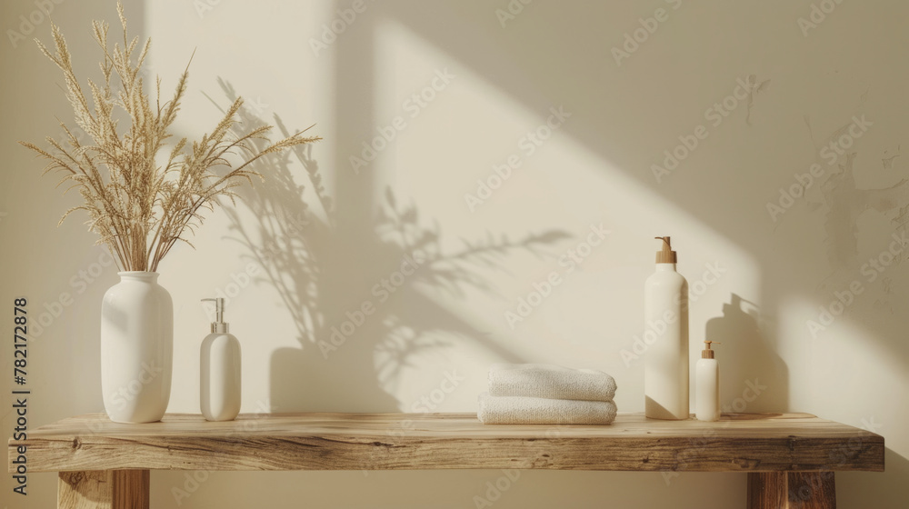 Poster mockup of product stand in a minimalist setting for branding and product placement.