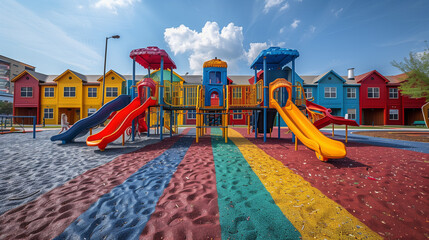 "Vibrant Playground and Colorful Houses"
A cheerful playground with vividly colored slides and safety surfacing, set against a row of multicolored houses under a clear sky.