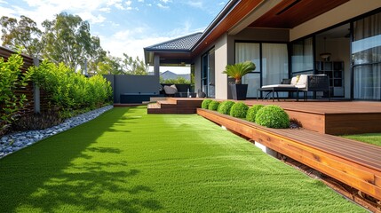 clean design with artificial grass and wooden edging in front yard
