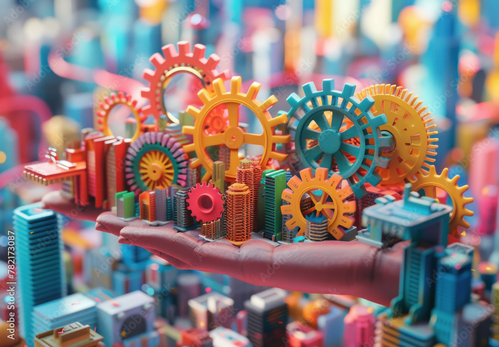 Poster 3d ing of a hand holding a model of a city with gears on it conceptual urban development and progres
