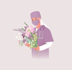 Beautiful young female doctor in mask holding a bouquet of flowers. Nurse, Medical Worker day concept. Vector illustration.