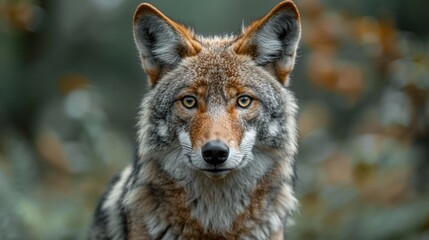 Fototapeta premium closeup of gray wolf in forest habitat, capturing wildlife predator in natural ecosystem