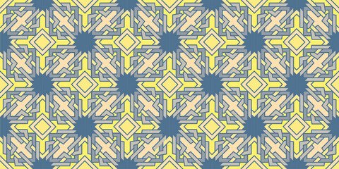 Seamless Islamic geometric pattern, a new and unique design in a modern and creative way, Moroccan ornament, Arabic drawings and decorations, yellow and blue