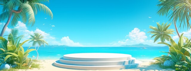 Fototapeta na wymiar A podium with blue water and beach background