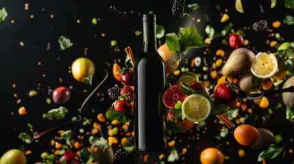 Wine bottle levitates against a dark backdrop, surrounded by a vibrant mid-air explosion. AI Created.