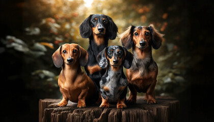 Four dachshunds with various coat patterns standing together on an old wooden log
