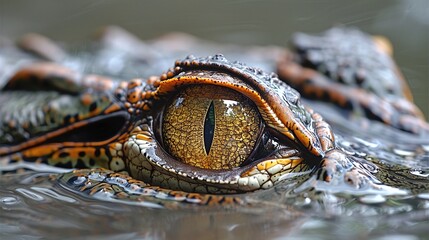 crocodile eye closeup with water predator reptile in river wildlife nature aquatic dangerous beast stare swamp powerful fierce gaze camouflage lurking reptilian animal predator wild wetland habitat