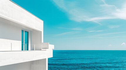 Obraz premium Architectural detail of white modern Mediterranean house over turquoise sea and blue sky background. Minimal architecture building detail in coastline by ocean or sea