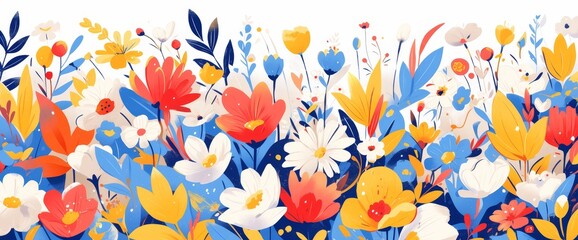 A seamless pattern of hand drawn flowers in red, orange and blue