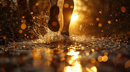 Low section of man running in water puddle during rainy season, Rear view of a man's feet before running, generative ai