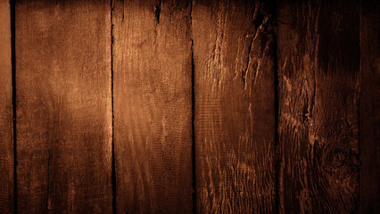 Sunlit wooden wall background with red-brown gradient. For the backdrop, dark, banner, coffee,...