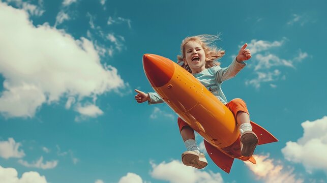 creative child riding a rocket in the sky on an imaginative adventure with colorful space background