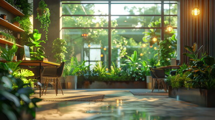 Creating healthy and sustainable office spaces through plant integration and natural light for employee well-being.