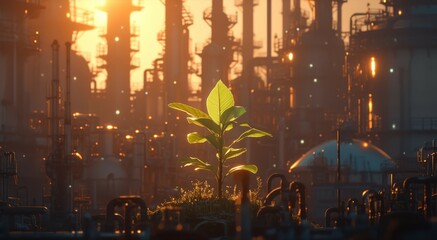 A small green tree growing in front of an industrial plant, symbolizing growth and development within sustainable industry.  - obrazy, fototapety, plakaty