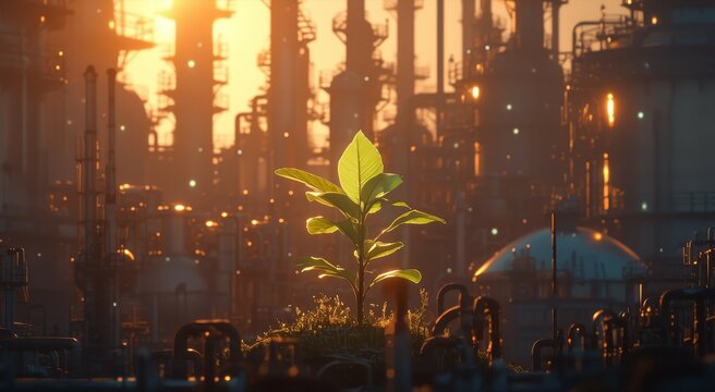A small green tree growing in front of an industrial plant, symbolizing growth and development within sustainable industry. 