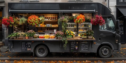 A black food truck with flowers on the outside and a variety of food and drinks inside.