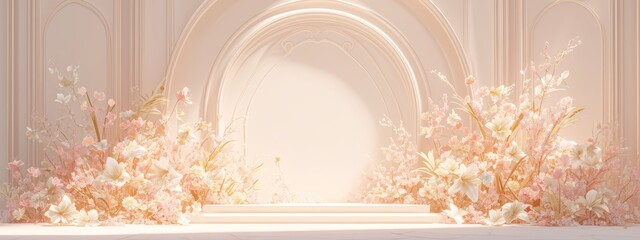 A stage with a podium decorated in the style of flowers and plants, in light pink tones, with large beige arches on both sides. 