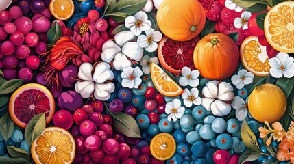 Fototapeta na wymiar Vibrant Flyer with Cotton, Cranberries, and Citrus Fruits, AI Created