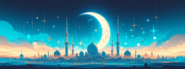 A stunning vector illustration of the radiant sunset over an Islamic city with tall minarets and domes, set against a backdrop of stars in the night sky. - obrazy, fototapety, plakaty
