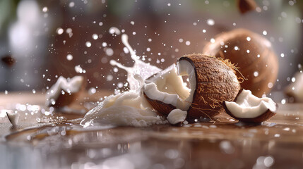 Cracked coconut with splashing milk closeup