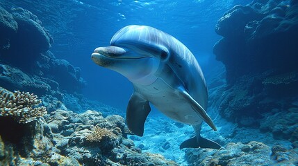 marine wildlife photography of dolphin in ocean, underwater exploration of aquatic mammal in deep-sea environment