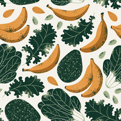 Seamless pattern with bananas and kale with avocado. Fresh food background. Vector illustration - obrazy, fototapety, plakaty
