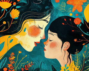 Tender moment of mother and daughter kissing in blooming field of flowers surrounded by nature