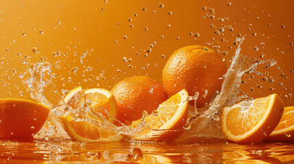 Juicy oranges with water splash on yellow