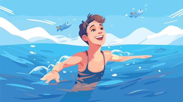 Smiling kid swimming in the sea. Teenager boy in bl