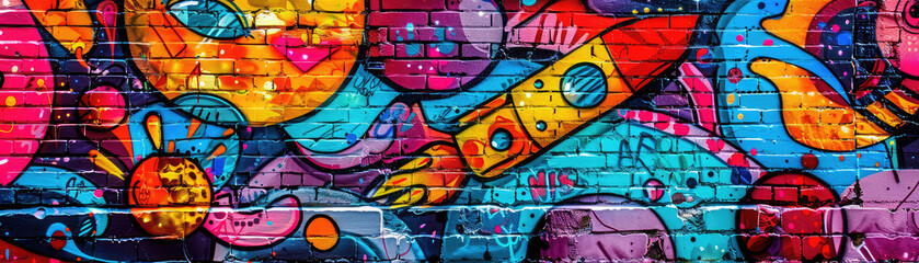 Vivid urban street art covering a brick wall
