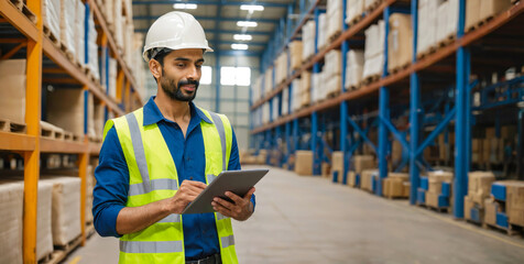 Indian worker reviews inventory in industrial warehouse. Modern industrial management	
