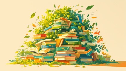 A tree made of books stands against the background, with leaves made from colorful paper cutouts and various book 